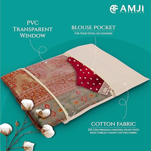 Image of Pure Cotton Saree Bags with Zip & Blouse Pocket set of 8 Big Size 17x15 In Transparent PVC Window Saree Covers for Storage Expert Stitching Wardrobe Organiser Beige