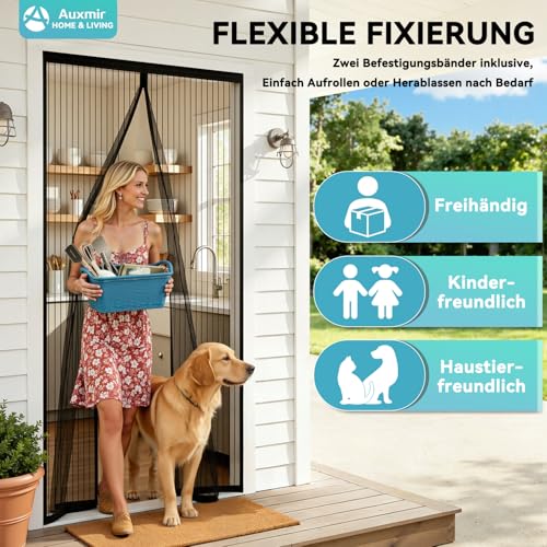 Auxmir Fliegengitter Balkontür Magnet 100x220cm, Prime Insektenschutz Balkontür, Extra Stärkere Magnete Fliegengitter Tür, Verdickt Magnetvorhang ohne Bohren für Balkon Kellertür Terrassentür, Schwarz