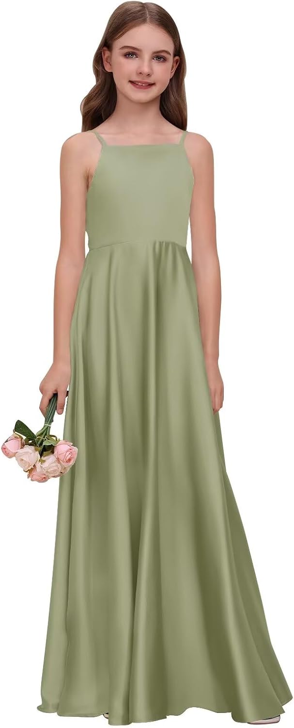 Satin Junior Bridesmaid Dress for Wedding A-Line Straps Bow Knot Flower Girl Dress Sleeveless Long Formal Events Gown