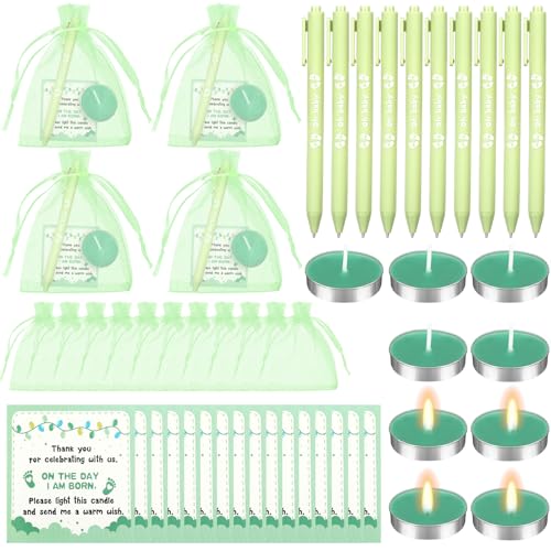 Ctosree 50 Sets Baby Shower Favors for Guests Include 50 Pcs Tea Light Candle Bulk Thank Tag and Chiffon Bag with Drawstring Retractable Ballpoint Pen for Gender Reveal Party Supplies(Baby,Green)