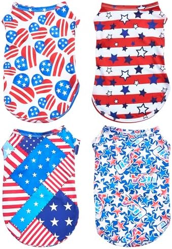 PET SHOW 4 Pack 4th of July Small Dog Clothes Patriotic Stripes Stars Dog Shirts American Flag Outfits for Independence Day Holiday Party Small Medium Pets Puppies Cats Boys Girls Tank Top L