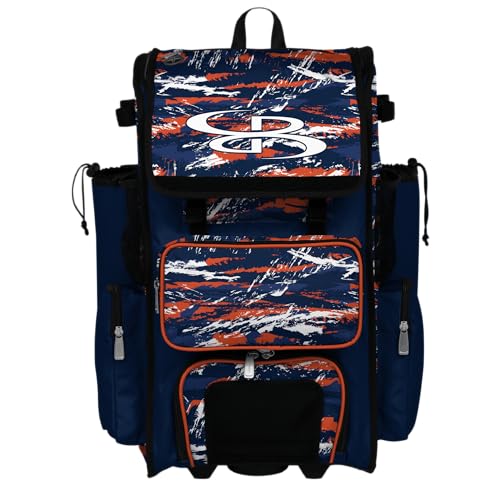 Boombah Rolling Superpack Baseball/Softball Gear Bag - Telescopic Handle - Holds 4 Bats - Wheeled Version - Razor Navy/Orange/White
