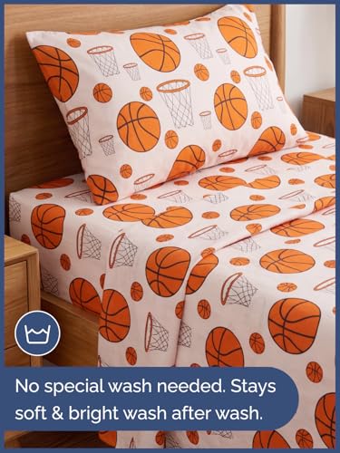 Image of Kids Twin Basketball Hoops Bed Sheets - 3 Piece Basketball Hoops Sheet Set | Basketball Hoops Themed Bedding, Ultra-Soft, Cute & Cozy, Breathable & Machine Washable, Bed Set for Boys, Girls & Teens