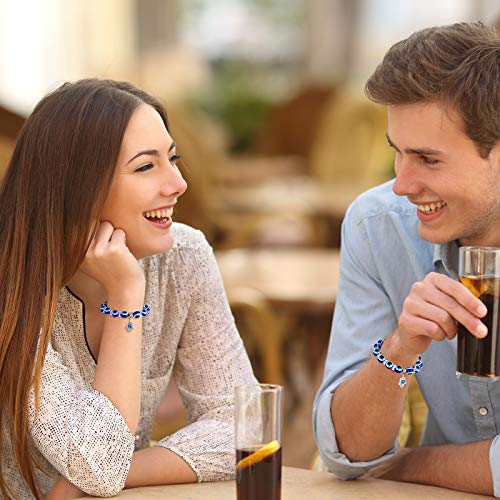 Hicarer 12 Pieces Evil Eye Necklace Bracelet Set Include 6 Evil Eye Necklace Blue Turkish Glass Leather Rope and 6 Hamsa Blue Beaded Charm Bracelet for Women Men2