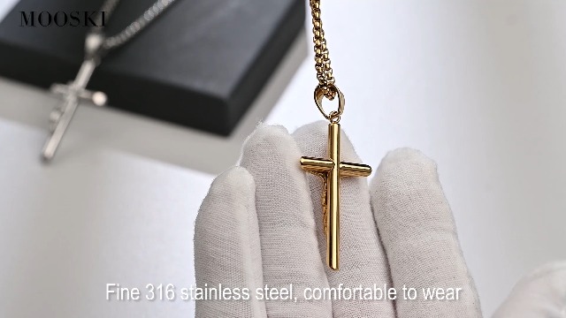 MOOSKI Men's Stainless Steel Cross Necklace - Silver/Gold 316L, Jesus Crucifix Pendant With Rolo Chain 20"-28"