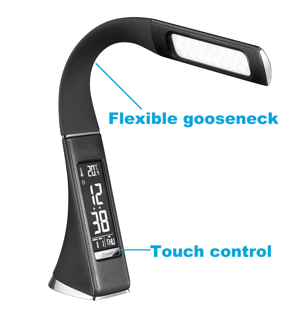 Lámpara de escritorio LED de cuello de cisne flexible con calendario de reloj y temperatura, ideas de regalo de oficina, lámpara de mesa táctil regulable con 3 niveles de brillo, luz moderna para 4