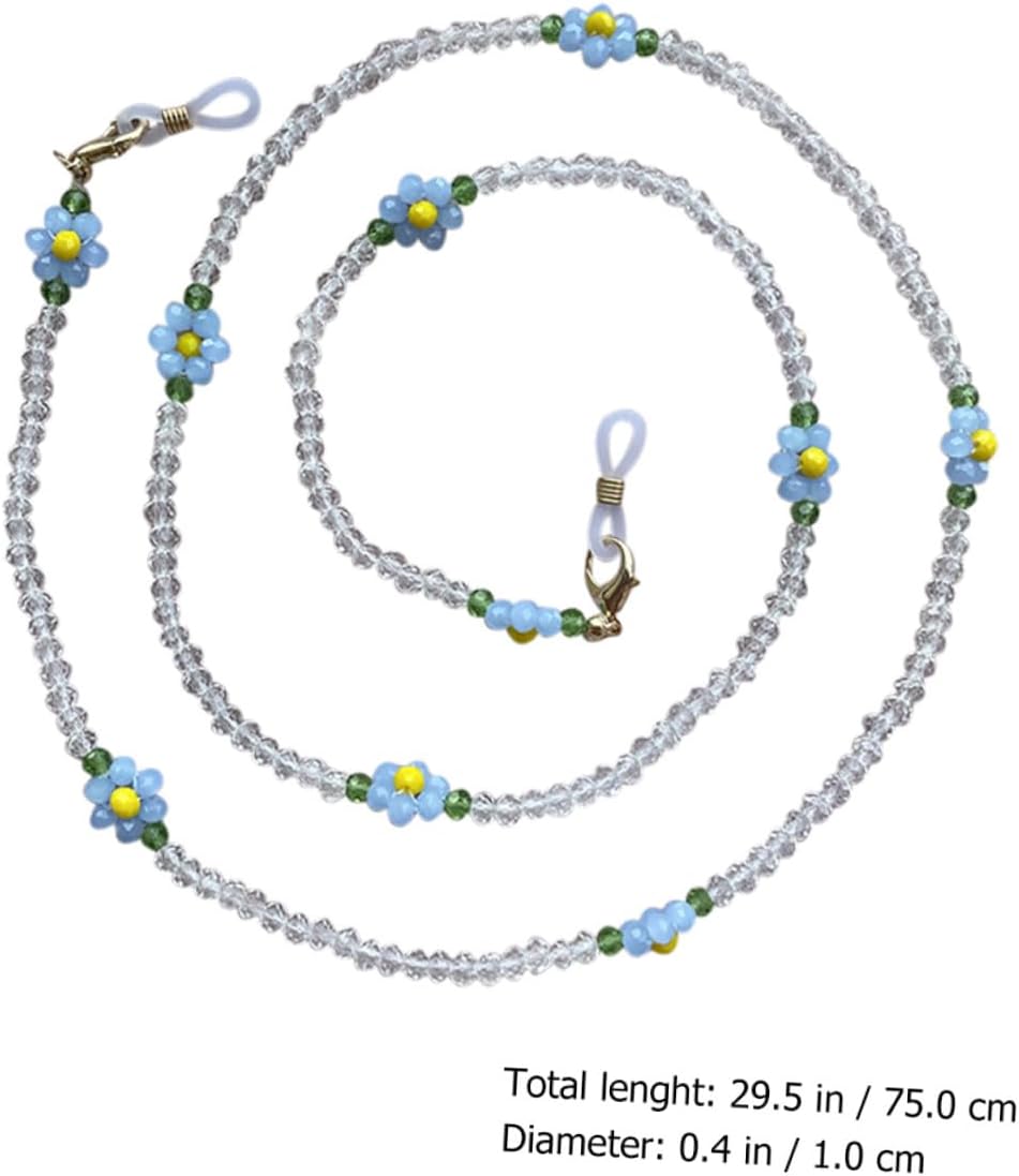 KALLORY Multi-purpose Mask and Eyeglasses Hanging Chain Necklace Blue Crystal Beads and Flower Pendant, Stylish Anti-drop Eyewear Lanyard for Women