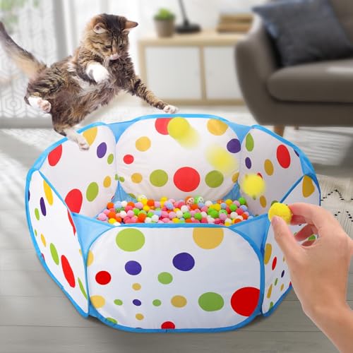 MUAEEOK Katzen-Bällebad mit 106 Katzenspielzeugbällen und 4 Katzenfeder-Spielzeug, interaktives Katzenspielzeug für gelangweilte Indoor-Katzen, Selbstspiel, Katzenanreicherungsspielzeug für