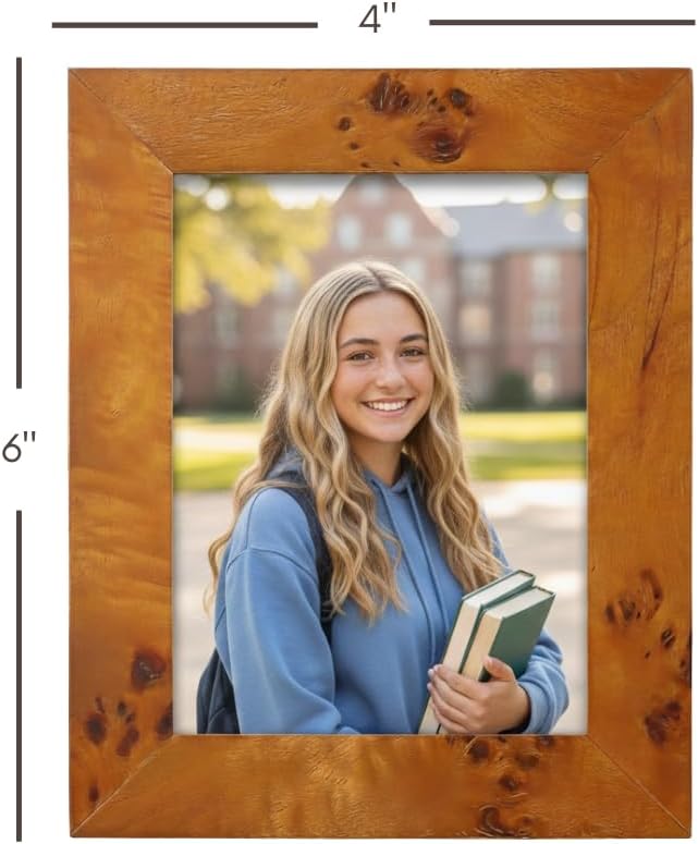concepts 4x6 burl wood picture frames -honey wood finish picture frames for family photos - elegant wallhung and tabletop decor in bulk dark (1 pack) 4x6