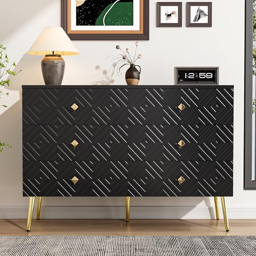 Generisch Cómoda con 6 cajones, aparador, cajón, patas de metal para estabilidad, armario de cocina, dormitorio, para salón, cocina, estudio, 120 x 40 x 80 cm, negro