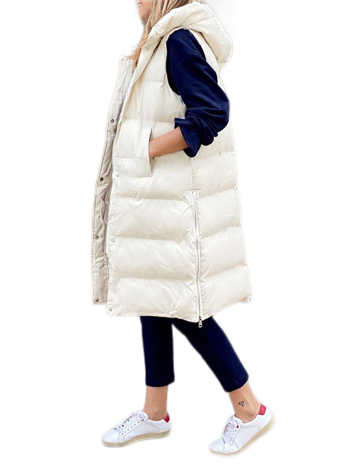 Piumino Lungo Da Donna Senza Maniche Piumino Con Cappuccio Taglia Grande Invernale Leggero Gilet Con Tasche Giacca Trapuntata Antivento,Beige,L