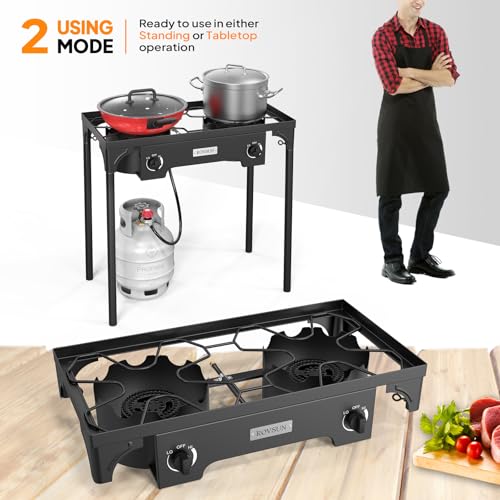 ROVSUN 2 Burner Outdoor Propane Gas Stove 150,000 BTU High Pressure Stand Cooker for Backyard Cooking Camping Home Brewing Canning Turkey Frying, 20 PSI Regulator