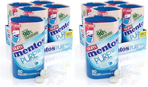 Image of Mentos Pure Fresh Chewing Gum,Sugar-Free,Xylitol,Fresh Mint,80 Piece Bottle,recyclable 90% Paperboard Bottle,80 Count (Pack of 8)