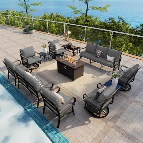 Image of 12-Piece Outdoor Furniture Set, Metal Swivel Rocking Chairs with All-Weather Cushions, Patio Conversation Set with Fire Pit Table for Deck, Porch, Garden, Backyard, Poolside (Gray Cushions)