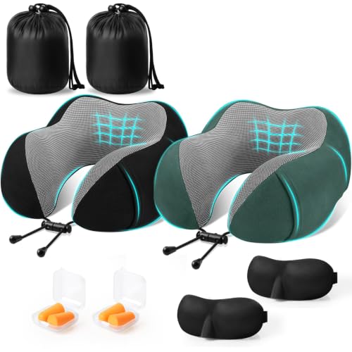 Image of CloudBliss Memory Foam Travel Neck Pillow Airplane, 2 Pack, Black & Green