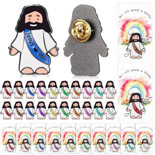 Image of Landical 24 Set Jesus Pins Bulk with Blessing Cards, Christian Enamel Lapel Pin Gift in Bulk Jesus Brooch for Women Men Religious Party Favors for Sunday School Church Gift(10 Colors + Rainbow Style)