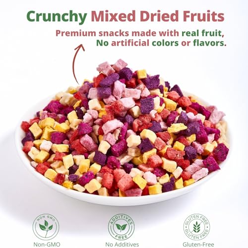 Gefriergetrockneter Fruchtmix 120g – Knuspriger Obst Snack mit Erdbeere, Drachenfrucht, Süßkartoffel, Mango, Pfirsich & Apfel – Ohne Zuckerzusatz