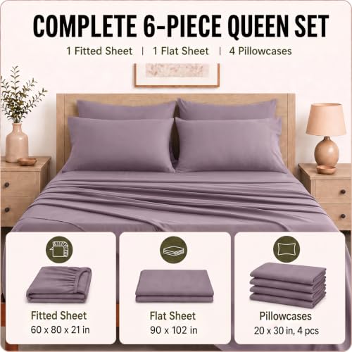 Image of CozyLux 6-Piece Queen Sheet Set, Fits 18-21 Inch Mattresses, Oeko-TEX | 4 Pillowcases, 1 Flat Sheet and 1 Fitted Sheet with All-Around Elastic and 21-Inch Deep Pocket for a Secure Fit, Dusty Purple