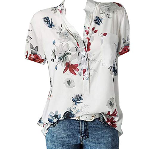 Blouse Shirts for Women Plus Size Hosamtel Floral Print V-Neck Button Pocket Short Sleeve Summer Vintage Elegant Casual Tops White