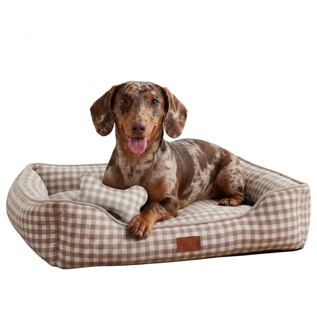 PESK Cama Perro Pequeño 57x47x15cm con Hueso de Juguete, Acolchada Relleno de Fibras, Cama Perros Medianos Lavable, Resistente Mordeduras, Camas Perros Medianos Antideslizante, Dog Bed (Beige Talla S)
