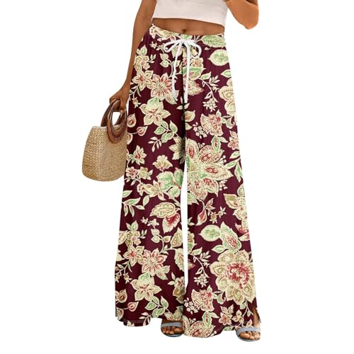 Boho Palazzo Pants for Women with Pockets Wide Leg High Elastic Waist Culottes Lounge Trousers Long Dressy Bottoms Casual Plus Size Fashion Trendy Clothes Summer 2025 Vacation for Seniors Beige