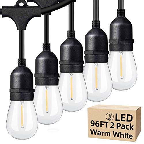 96FT 2-Pack 2700K LED Outdoor String Lights, Waterproof Dimmable E26 Filament Bulbs, Linkable Commercial Grade for Patio, Deck, Backyard