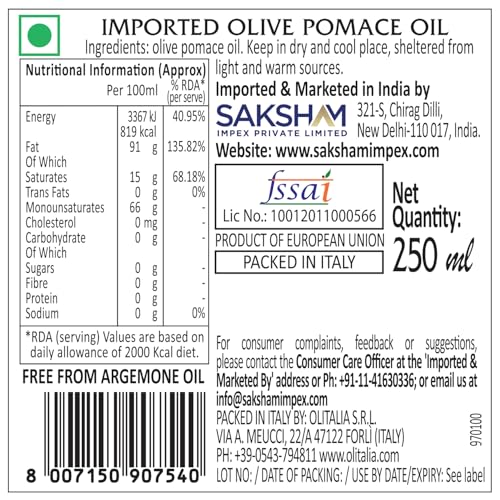 Image of Olitalia Pomace Olive Oil • Light Taste, High Smoke Point Imported Italian Cooking Olive Oil • Ideal for Indian Cooking, Frying, Sauteing & Baking, 8.45 fl oz ℮ 250 ml