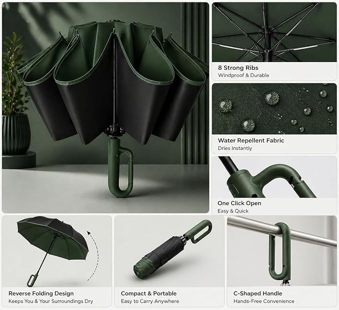 Image of UV Reversible Umbrella with Novelty Carabiner Handle, Travel-Friendly Umbrellas for Sun & Rain Protection, Windproof Compact, Automatic Open /Close, 8 Dual Ribs, Portable Umbrella for Men and Women