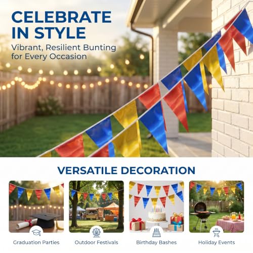 Image of 40M /130FT Gold Blue Red Triangle Pennant Banner Flag Metallic Fabric Bunting Garland for Christmas Graduation, Independence Day, 4th of July, Patriotic Themed Party Decoration
