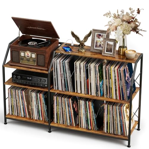 Faesun Large Record Player Stand with Vinyl Record Storage & Power Outlets, 500+ Albums Storage Cabinet, Sturdy 3-Tier Turntable Stand with Speaker Shelf, Easy Assembly,Vintage Brown