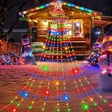 DONSAJI Christmas Decoration Star Lights Outdoor, 350 LEDs 12.8Ft Waterfall Lights Christmas Tree Topper String Lights 8 Memory Mode for Outside Xmas New Year Yard Holiday Party Decor Multicolor