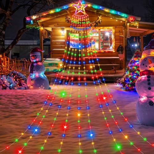 Pinlanuo Christmas Tree Lights Outdoor, 3.5M X9 Strands 350 LEDs Colorful Waterfall Xmas Tree Lights with Topper Star, Mains Powered, Waterproof 8 Modes String Lights for Outdoor Xmas Decoration