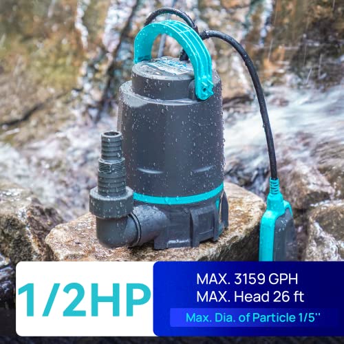 Image of Aquastrong 1 /2 HP Utility Pump 3159 GPH Submersible Water Pump with Float Switch, Draining Flooded Basement, Pool, Hot Tub, Pond, Garden Irrigation, 10ft Cord