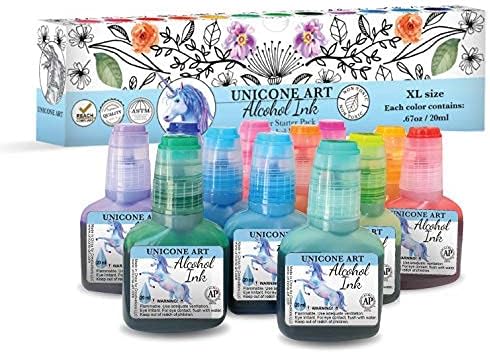 Alcohol Ink Set- XL Size Bottles (20ml) - 12 Pack Unique Vibrant Colors - Tint- Color- Dye - Petri Art - Epoxy Resin Tinting - Painting - Tumbler Cup Making - Unicone Art