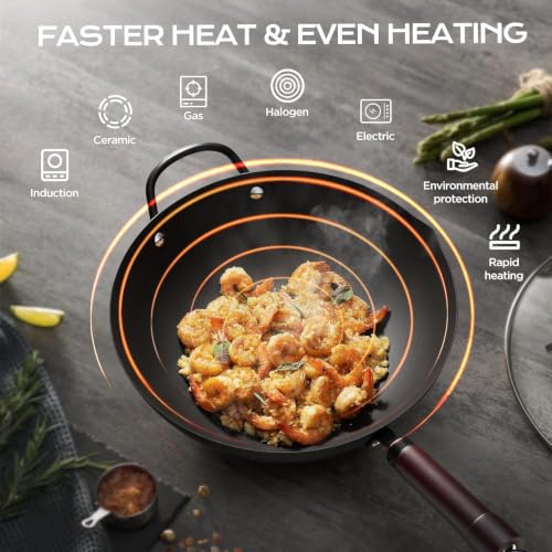 Image of FGJ Wok, 13 Inch carbon steel wok pan with steamer & stir-fry pans nonstick, Pre-Seasoned 5.8QT Flat Bottom Chinese Woks Roasting Pan with lid, Carbon Steel Cookware, Compatible with All Cooktops