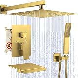 JOMEOO 12 Inch Brushed Gold Shower Head with Tub Spout, 3 Function Wall Mounted Bathtub Shower Fauce