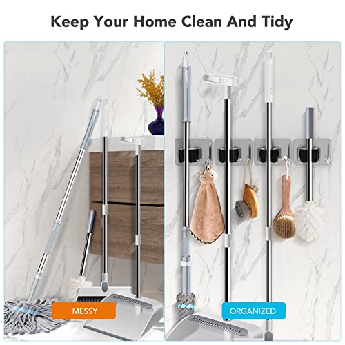 Image of homeasy Mop Broom Holder No Drill, Mop Broom Organizer Wall Mounted Heavy Duty with Hooks Hanger, Self Adhesive Stainless Steel 4Pcs for Bathroom, Kitchen, Office (Multicolor)