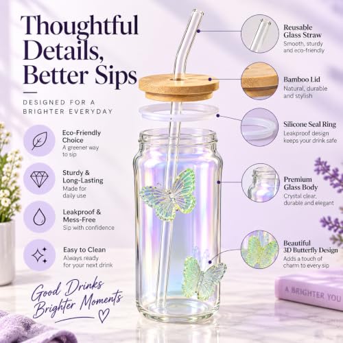 Image of 400ml Sipper Drinking Jar with Bamboo Lid & Glass Straw, Butterfly Printed Mason Jar Cup, Leakproof Reusable Smoothie & Juice Tumbler, Beverage Glass for Home & Office (Pack of 1 Green)