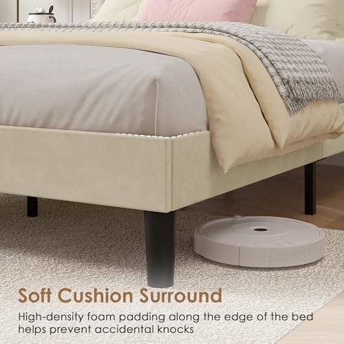 Image of VECELO Twin Size Platform Bed Frame with Height Adjustable Upholstered Headboard, Modern Mattress Foundation,Strong Wood Slat Support, No Box Spring Needed, Easy Assembly, Beige
