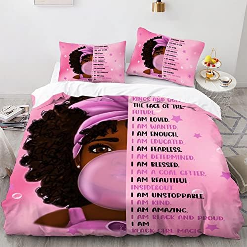 African American Black Girl Duvet Cover Set Queen Size, Black Girl Magic Bedding Set, Cute Little Afro Black Princess Bed Comforter Cover Sets, Girl Bedroom Room Decor (1Duvet Cover +2Pillowcases)