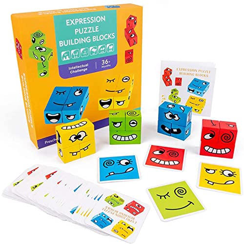 Emoji Cube de Construction en Bois, PECHTY Émoticône Puzzle Visage Casse-tête Jouets Éducatifs Montessori pour Enfants, Interactif Expressions Blocs IQ Puzzles Amusants Jeux Educati Cover