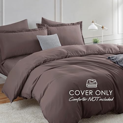 Image of Hearth & Harbor Chocolate Brown Duvet Cover with Fitted Sheet King Size | 4 Piece Soft Double Brushed Bedding Set, Button Closure, 1 Duvet Cover 104x90 Inches, 1 Fitted Sheet, 2 Pillow Shams