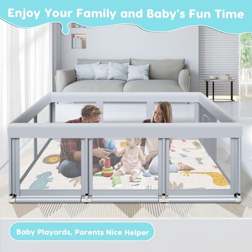 Image of Fshibila 74 inch x50 inch Large Baby Playpen, Baby Playard for Babies and Toddlers, Play Pens for Indoor & Outdoor, Sturdy Safety Play Yard with Soft Breathable Mesh, Anti-Fall, Grey (with MAT)
