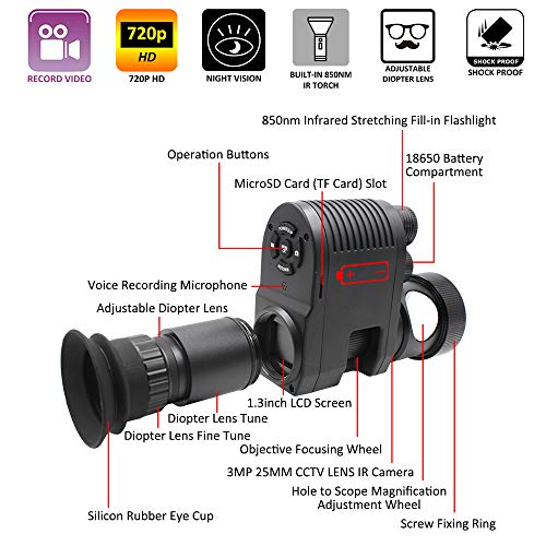Upgraded Megaorei3 720p HD Digital Night Vision Scope Video Record Camcorder Monocular Clip on Attachment with Built-in 850nm Infrared IR Flashlight and 1.3inch Display for Rifle Hunting Recoil Proof - Thumbnail 4