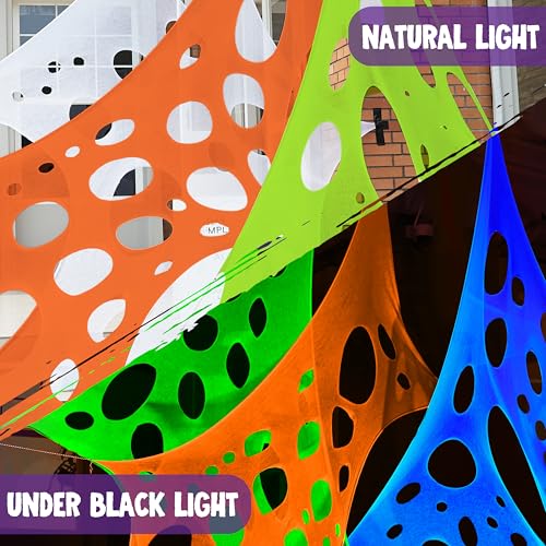 Image of JOYIN 1000sqft Halloween Spider Web Decoration Outdoor, Glow-in-the-Dark Giant Spiderweb, DIY Stretchy Flexible Beef Netting in White (Blue at Night) Green, Orange for Neon Decor Indoor Haunted House