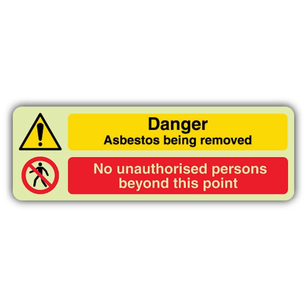 V Safety - Señal de peligro de amianto que brilla en la oscuridad, con texto en inglés "No Unauthorised Persons", formato horizontal, 750 x 250 mm, fabricado en Gran Bretaña