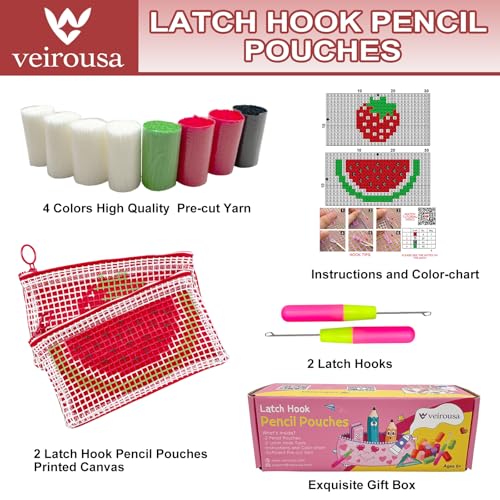 Image of veirousa Strawberry & Watermelon Latch Hook Pencil Case Kit for Adults Beginners, Flully Fruit DIY Craft Pencil Pouch for Girls Boys 2 Pack Set