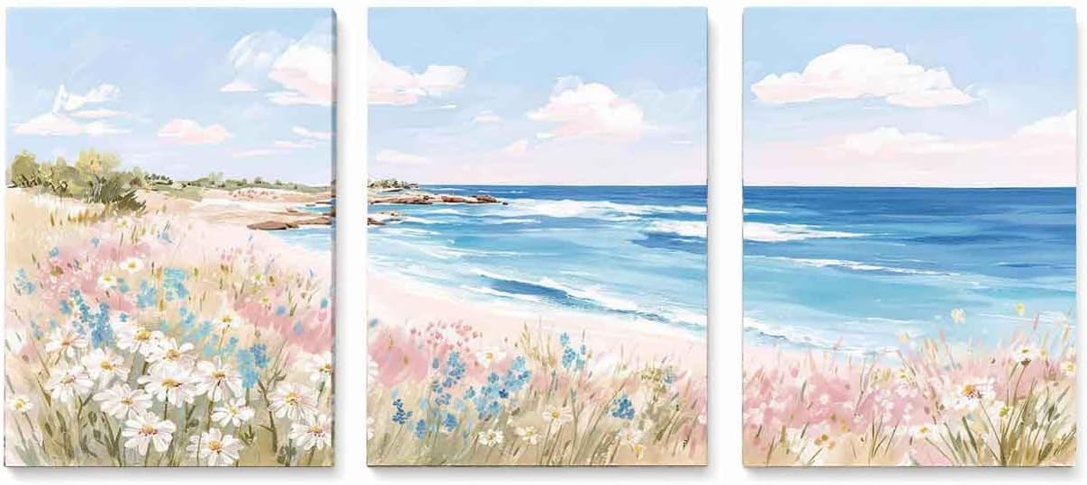 Pastel Coastal Wall Art Set of 3, Beach Ocean Canvas Prints, Soft Impressionist Seascape Decor, Pink Blue Shore Landscape Artwork for Living Room Bedroom Bathroom, 12x16 Inch Each (Sunset Blush Tones)