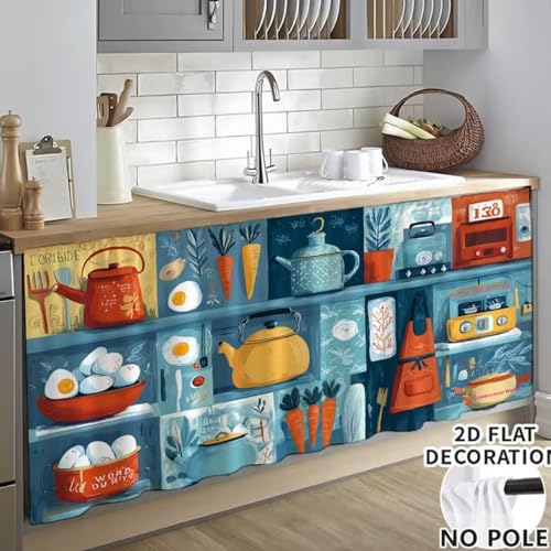 Image of Premium Printed Kitchen Sink Curtain with Rod Pocket | Under Sink Storage Cover for Kitchen Cabinet | Washable Dustproof Wash Basin Curtain | Bathroom Cabinet Cover Curtain (Kettle 2)