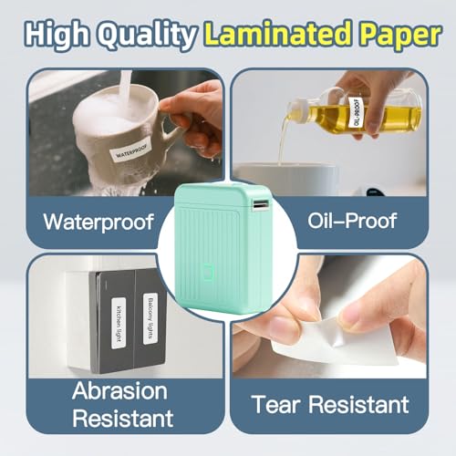 Image of Label Printer with Waterproof Self-Adhesive Labels (12 x 40 mm), Bluetooth Labeling Device, Portable Label Printer, 2000 mAh, Compatible with iOS & Android, for Home, School, and Office (Mint Green)